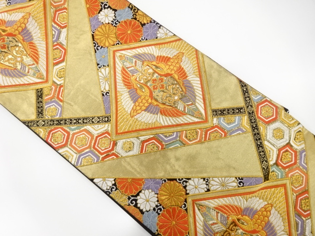 菱に向かい鶴・菊唐草模様織り出し袋帯